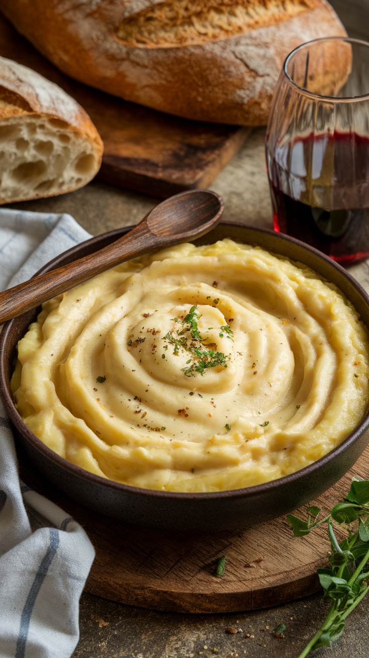 Creamy French Aligot: A Traditional Potato Delight Creamy French aligot in a bowl, garnished with herbs, with bread and wine in a rustic kitchen setting.